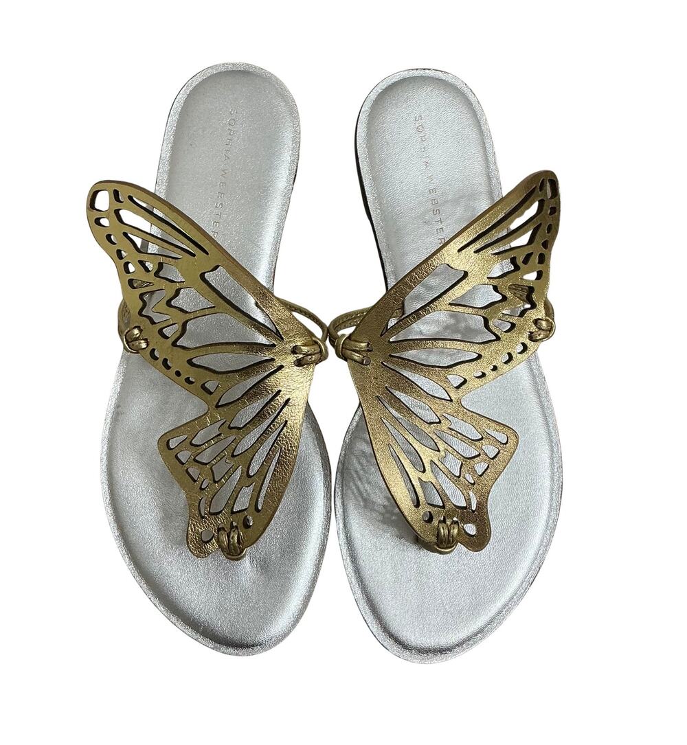 Sophia Webster Butterfly Wing Gold Talulah Silver Leather Flat Sandals 39 8.5 US